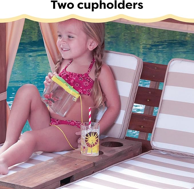 KidKraft Wooden Outdoor Double Chaise Lounge with Cup Holders, Patio Furniture for Kids or Pets, Espresso with Oatmeal and White Striped Fabric