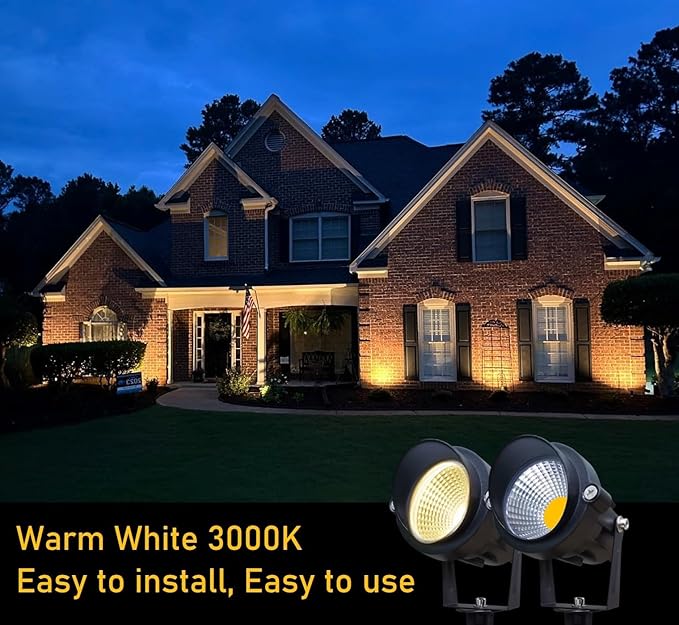 TOVEENEN LED Outdoor Landscape Spotlight 120V 12W Waterproof Spot Lights for Yard House Garden Christmas Lighting, 3000K Warm White, 2 Pack