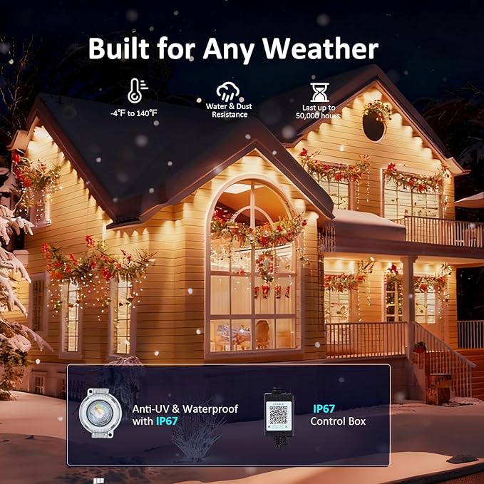 RGB Permanent Outdoor Lights, 50FT LED Eaves Lights with Smart App Remote Control, IP67 Waterproof, Music Sync, Timing Function for Christmas, Party, All Holiday Decorations