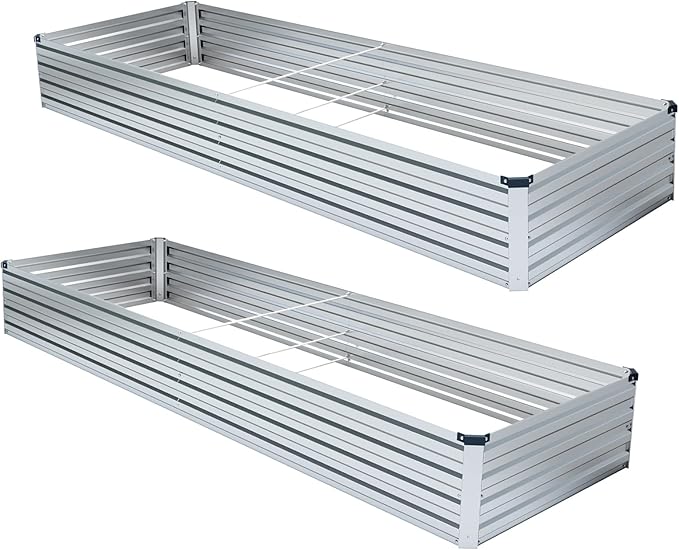 2 Pack 6x3x1FT Galvanized Raised Garden Bed Kit, Outdoor Metal Planter Box for Vegetables, Bottomless Rectangular Gardening Bed with Support Rods, Tool-Free Assembly, Silver