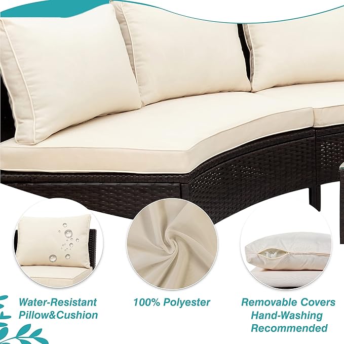 Merax 5-Piece Outdoor Sectional Sofa Set, All-Weather PE Wicker Patio Furniture with Tempered Glass Table, Half-Moon Conversation Set for Garden, Deck, Backyard Living Area,Beige