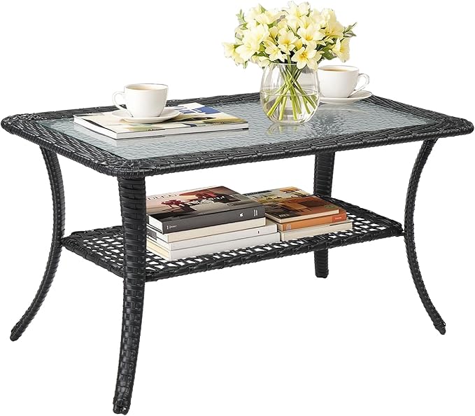 VINGLI Outdoor Coffee Table with Storage Wicker Patio Coffee Table, Tempered Glass Top Coffee Table for Patio Outside Balcony Porch Deck (Black)