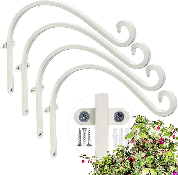 Qiang Ni Bird Feeder Hanger: 12-Inch Wall-Mounted Plant Bracket Outdoor - 4 Pieces White Plant Hooks for Hanging Flower Baskets