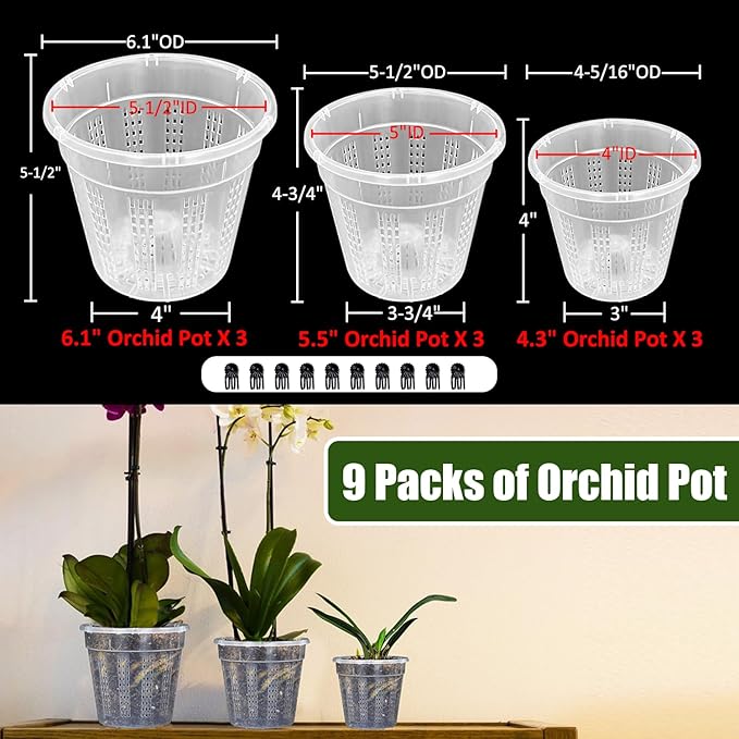 Orchid Pot, 3 Each of 4.3",5.5",6.1" Orchid Pots with Holes, 9 Pack Plastic Planter for Indoor Outdoor Plants (3 Each of 4.3",5.5",6.1")