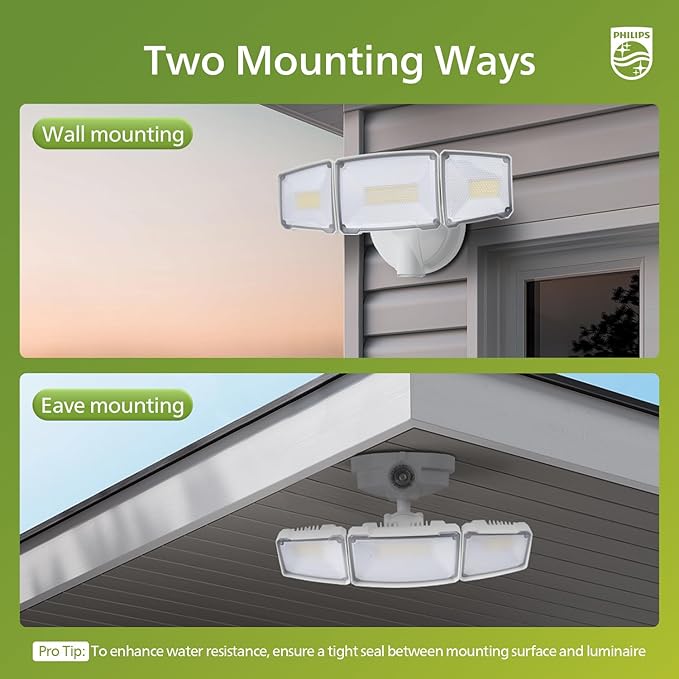 Philips 72W 7400LM LED Flood Lights Outdoor, Dusk to Dawn Aluminum Security Lights, 3 Adjustable Heads, Wall Mount, 5000K Daylight, Waterproof for Yard, Garage