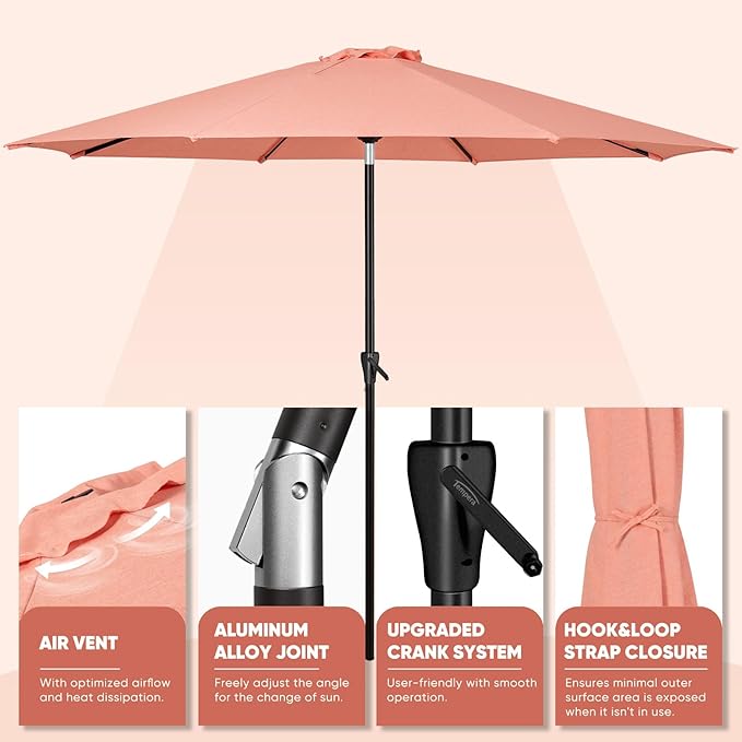 Tempera Patio Market Outdoor Table Umbrella with Auto Tilt and Crank, Large Sun Umbrella with Sturdy Pole & Fade Resistant Canopy, Easy to Set
