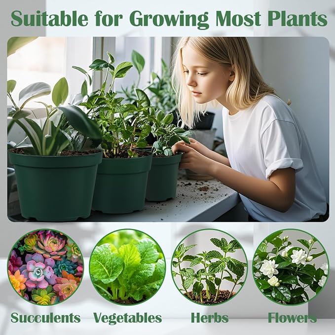 15 Pack 4/6/8 Inch Plant Nursery Pots, Sturdy Plant Pots with Drainage Holes, Ideal for Seedlings, Indoor/Outdoor Use, Green