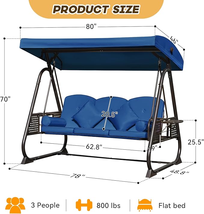 3 in 1 Outdoor Porch Swing with Adjustable Canopy, 3 Seat Outdoor Swing for Adults, Patio Swing Chair with Thickened Cushions,Pillows & Cup Holders for Backyard, Porch, Garden (Blue)