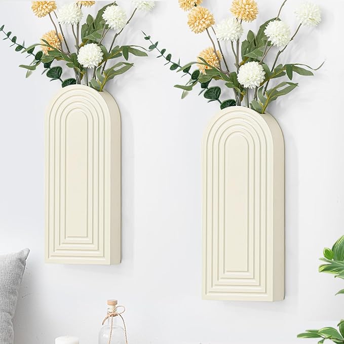 Wooden Wall Art Decor: Wall Vases for Indoor Artificial Plants & Flowers, Wood Wall Hanging Planters for Home Decor - Bathroom, Living Room, Bedroom, Patio (White)