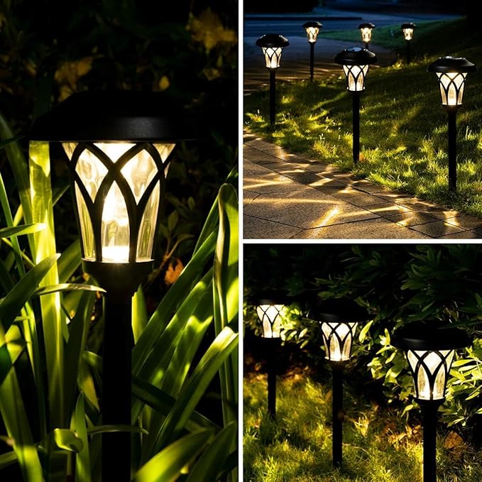 GIGALUMI 6 Pack Solar Pathway Lights Outdoor, Metal Glass & ABS Solar Landscape Lights Waterproof IP65, Warm White Solar Powered Garden Lights for Yard Patio Walkway Driveway (Black)