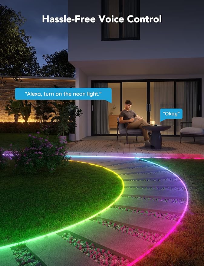 Govee Outdoor Neon Rope Lights, 65.6ft RGBIC IP67 Waterproof Outdoor Decorations with 64 Scene Modes, Music Sync, Flexible LED Lights, Neon Lights Work with Alexa, Google Assistant