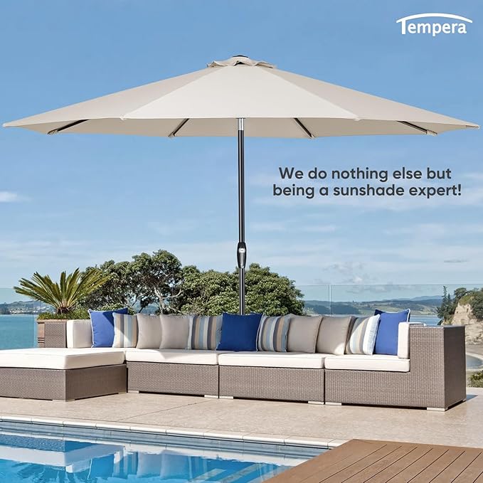 Tempera Patio Market Outdoor Table Umbrella with Auto Tilt and Crank, Large Sun Umbrella with Sturdy Pole & Fade Resistant Canopy, Easy to Set