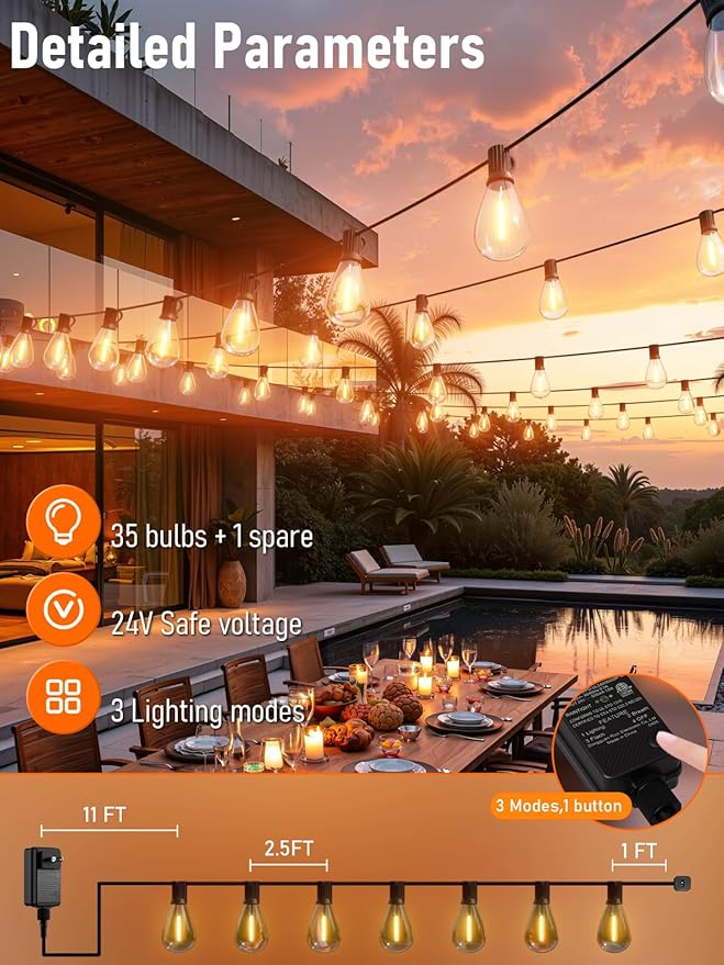 luckystyle 100FT LED Outdoor String Lights with Remote, 35+ 1 Shatterproof Bulbs Waterproof and Dimmable Patio Lights for Porch, Garden, Backyard, Deck, Balcony, 2200K Hanging Lighting