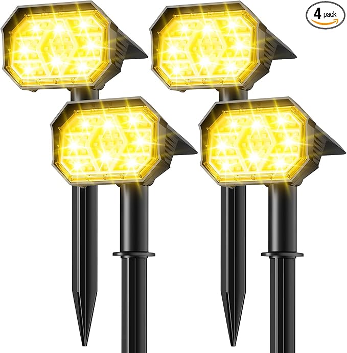 Brightown Solar Lights Outdoor with 58 LED & Auto ON/Off, IP67 Solar Spot Lights Outdoor with 3 Light Intensities. 2-in-1 Outdoor Solar Lights for Yard, Gardens, Flag and Pathways. 4Pcs (Warm White)