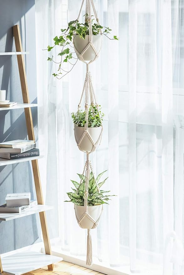 Mkono Macrame Plant Hanger 3 Tier Indoor Outdoor Hanging Planter Basket Cotton Rope with Beads 70 Inches (Pots and Plants NOT Included)