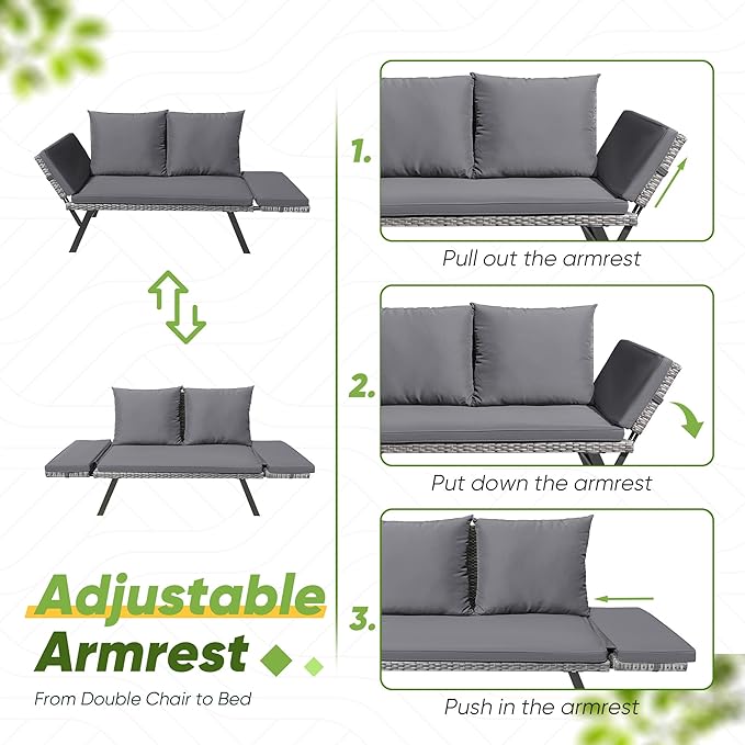 Greesum Outdoor Sofa, Woven Rattan Patio Furniture, Convertible Daybed or Double Chair with Adjustable Armrests, Cushions and Pillows for Yard, Porch, Pool, Gray Lounger & Blue Pillowcase