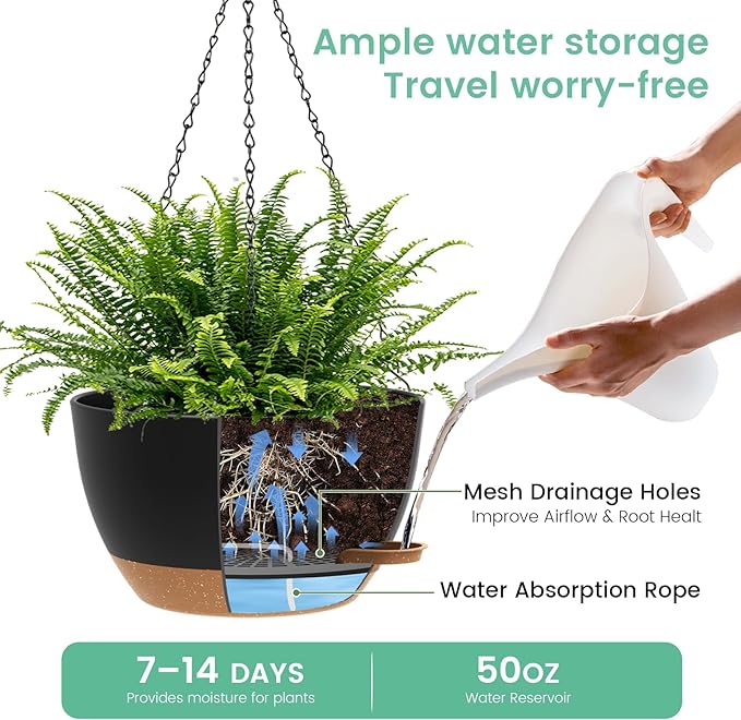 13 Inch 2 Pack Large Self Watering Hanging Planters for Indoor Outdoor Plants, Hanging Plant Pots with Removable 50 Oz Reservoir, Plastic Hanging Basket for Window Porch Garden, Black with Brown