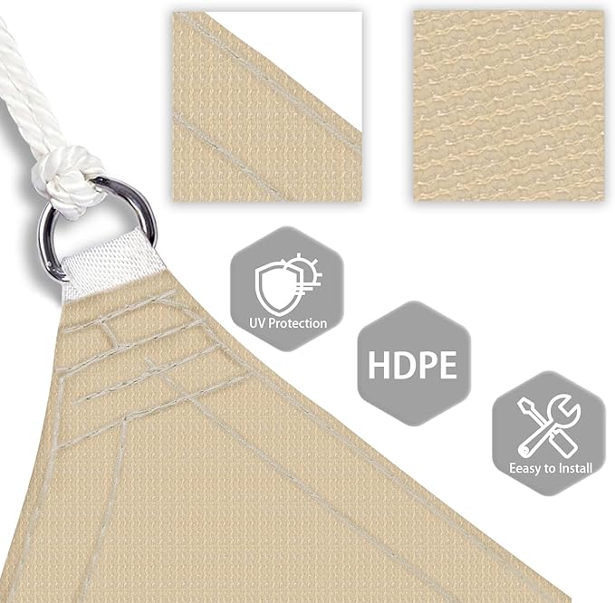 Patio Paradise 19' x 19' x 19' Sun Shade Sail Triangle Canopy Shade Cloth Fabric Sunlight Block Patio Pergola Cover HDPE Deck Awning for Outdoor Backyard Roof Shading, Sand