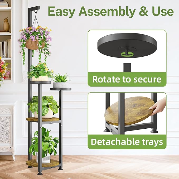 iDavosic.ly 4 Tier Hanging Plant Stand Indoor, Tall Vertical Corner Metal Flower Heavy Duty Pot Holder Shelf for Patio Porch Living Room, Modern Black & Rustic Brown - Round