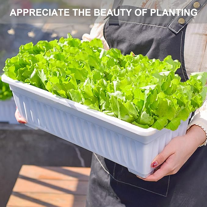 6 Packs Window Box Planter, 17 Inches Flower Window Box Rectangular Plastic Vegetable Planters with Trays for Windowsill, Patio, Garden, Balcony, Porch White