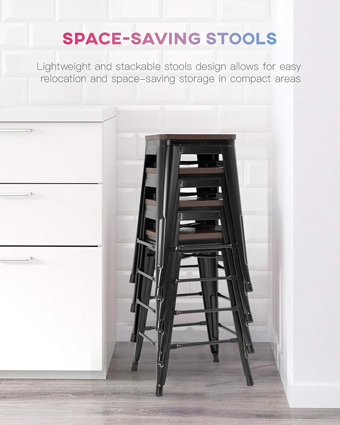 FDW Metal Bar Stools Set of 4 Counter Height Bar Stools 24 Inches Industrial Bar Chairs Patio Stool Stackable Backless Stool Indoor Outdoor Metal Kitchen Stools Bar Chairs (Black with Wood, 24")