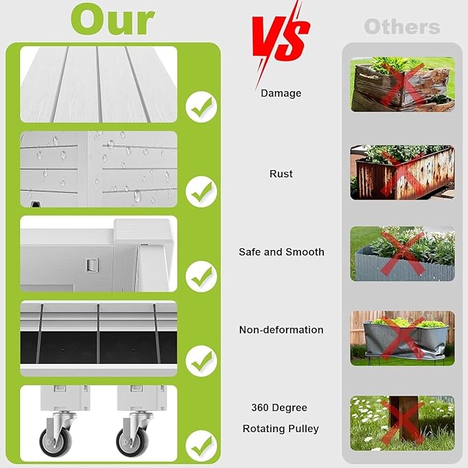 Raised Garden Bed with Trellis, 21 Gallon Self Watering Planter Box with Lockable Wheels & Drainage Holes for Climbing Plants Vegetables Flowers, Anti-Rust Resin for Backyard Patio (Ashen)