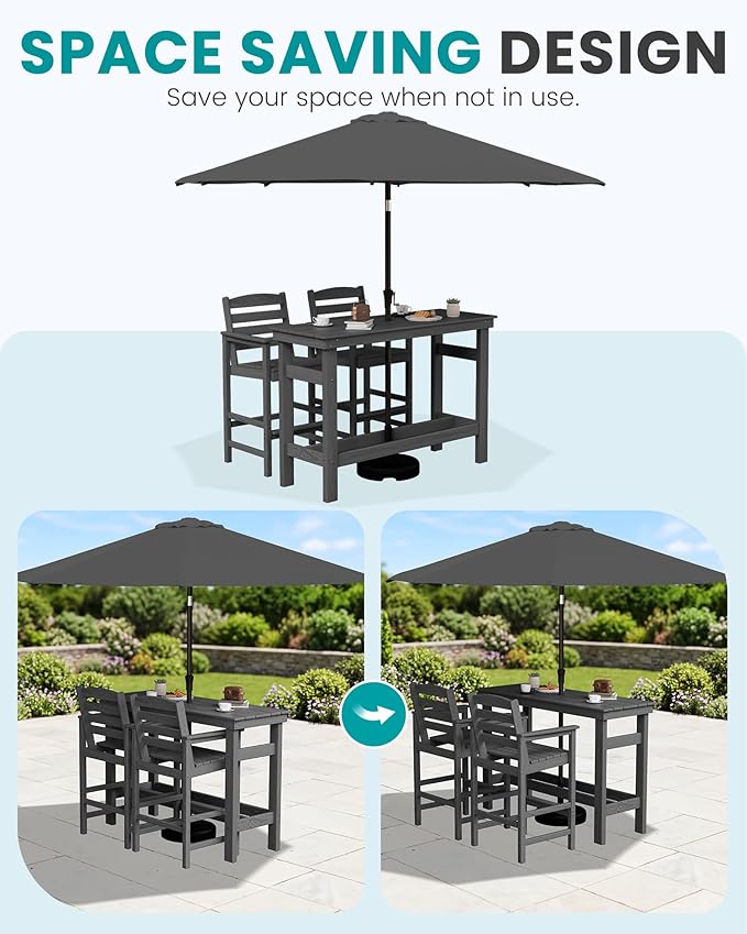 SERWALL Outdoor Bar Set with 9ft Umbrella, All-Weather HDPE Patio Bar Chairs and Table, Outdoor Furniture Set for Poolside, Backyard, Garden - Grey