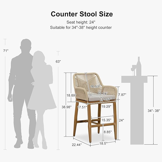 PURPLE LEAF Outdoor 24" Counter Height Bar Stools Chair Set of 2, All Weather Rattan and Aluminum Patio Bar Stool with Cushion for Indoor and Outdoor, Kitchen Island, Teak