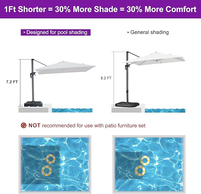 PURPLE LEAF 8' X 8' Patio Umbrella for Pool 7' High Offset Outdoor Cantilever Umbrella Swimming Pool Umbrella with 360°Rotation for Poolside Light Grey