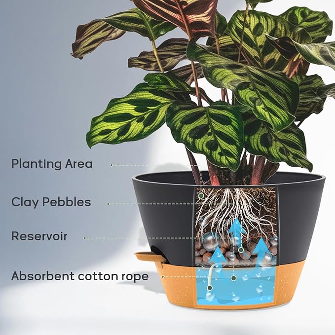 12-Inch Self Watering Planters with Drainage Holes, Large Flower Pots for Indoor Outdoor Plants, Garden Pots Grey 3 Pack