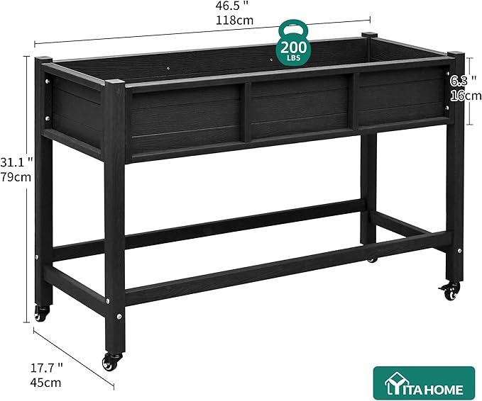 YITAHOME Raised Garden Bed HDPE, 47x18x31 in Raised Planter Box with Legs Poly-Wood Weather-Resistant Elevated Planter Box with Lockable Wheels for Vegetables, Herb Garden Bed, Black