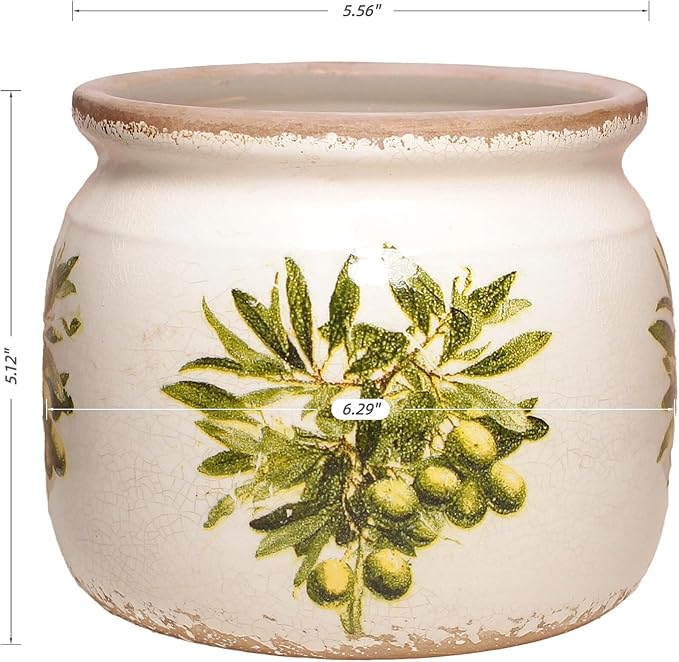 Mediterranean Ceramic Plant Pots with Olives Branches Pattern, 6 Inch Tuscan Planter for Indoor Plants, Rustic Farmhouse Home Kitchen Decor, Tuscan Vase for Centerpiece, Olive Green