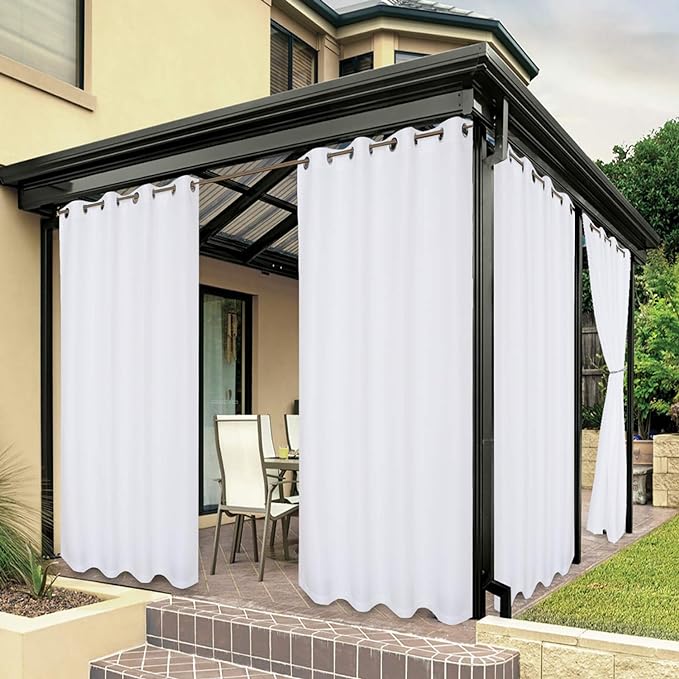 BONZER Outdoor Curtains for Patio Water Resistant Heavy Privacy Light Filtering Grommet Outside Curtains for Porch, Pergola, Gazebo, 1 Panel, 84W x 120L inch, White