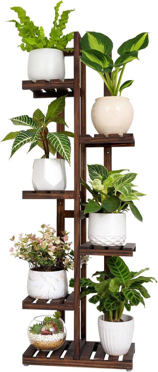 Mkono Wood Plant Stand 6 Tier 7 Potted Plant Shelf Indoor Outdoor Tall Multi-tiered Flower Pot Holder Modern Ladder Storage Rack Display Planter for Patio Garden Corner Balcony Living Room, Brown