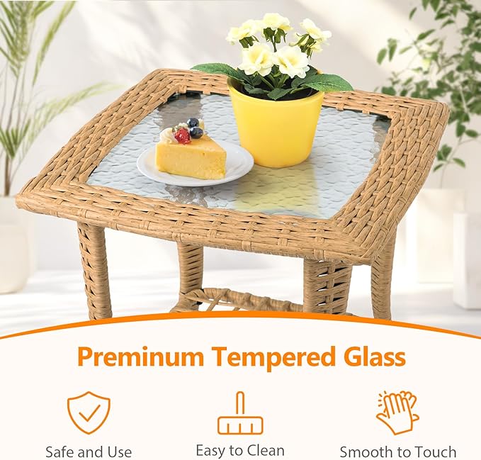 VINGLI Outdoor Side Table with Storage Wicker Patio Side Table, Tempered Glass Top End Table for Balcony Porch Deck (Beige)
