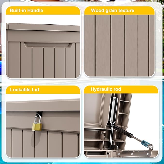 Deck Box - 280 Gallon Large Outdoor Storage box,Waterproof Patio Furniture and Storage Deck - Lockable and UV Resistant, Perfect for Pool and Outdoor Use, Weatherproof Resin, Lockable (Light Brown)