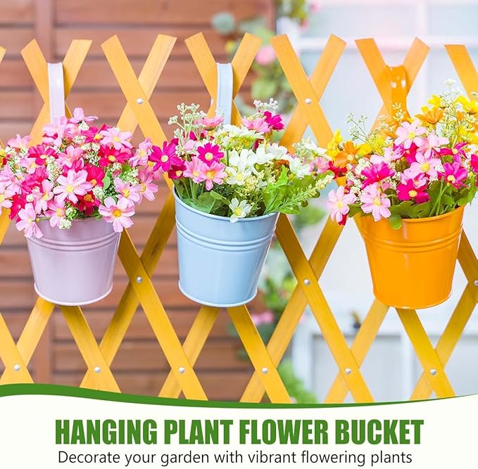 OBTANIM 12 Pack Metal Hanging Flower Pots Railing Planter Outdoor Fence Hanging Bucket Plant Holder with Detachable Hooks Drain Holes for Home Garden Yard Decor (Mixed Color, 4 x 4 Inch)