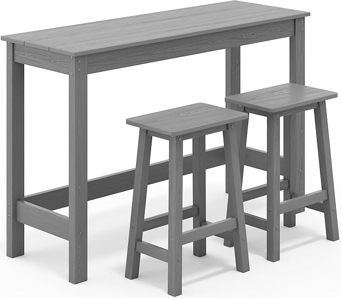 SERWALL 3-Piece Outdoor Bar Set, Rectangular All Weather HDPE Bar Height Patio Set, Outdoor High Top Table and Stools for for Outside, Poolside, Backyard, Garden, Grey