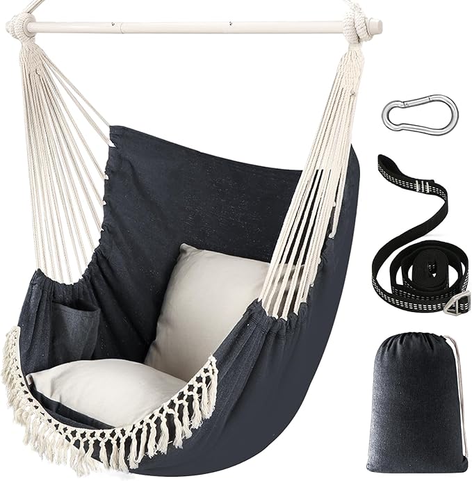 Chihee Hammock Chair Hanging Swing Max 500 Lbs 2 Cushions Included Steel Spreader Bar with Anti-Slip Grooves Portable Hanging Chair Side Pocket Large Macrame Bohemian Chair Indoor Outdoor