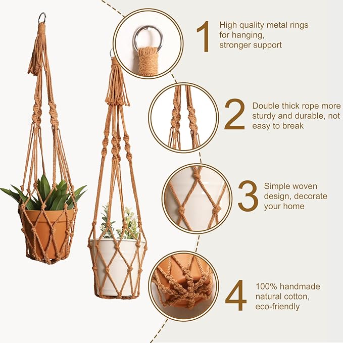 Artilady Macrame Hanging Planter for Indoor Plants, Boho Woven Plant Hanger Large Hanging Flower Pot Holders Outdoor Baskets Storage No Tassels Brown Wall Decor (Latte Brown-2pcs)