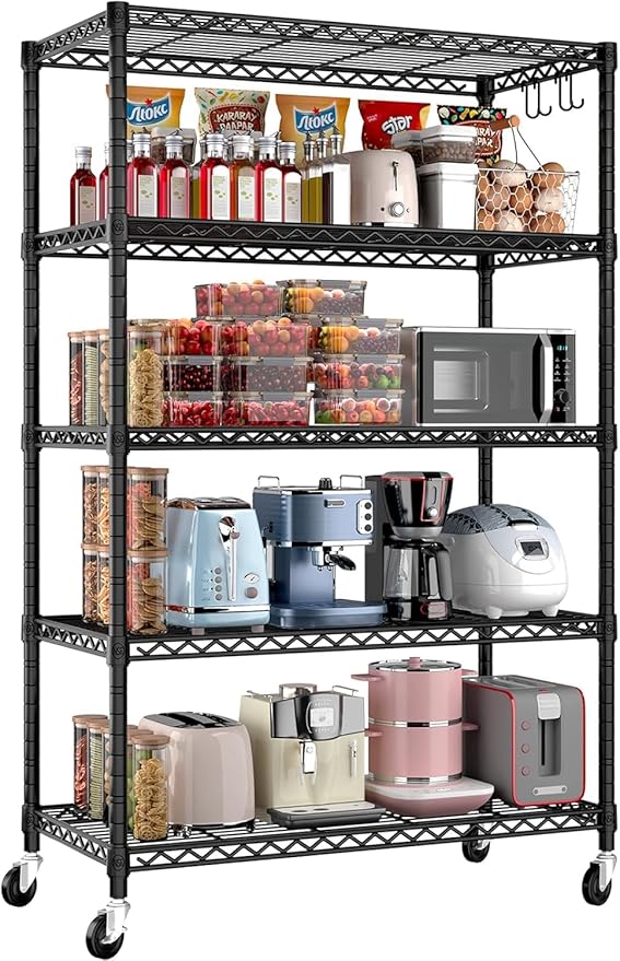 Xcity Storage Shelves, 5 Tier Heavy Duty Metal Shelving Unit with Wheels, 2000 LBS Capacity Adjustable Steel Wire Shelf Organizer for Pantry, Kitchen, Garage, 18" D x 36" W x 72" H, Black