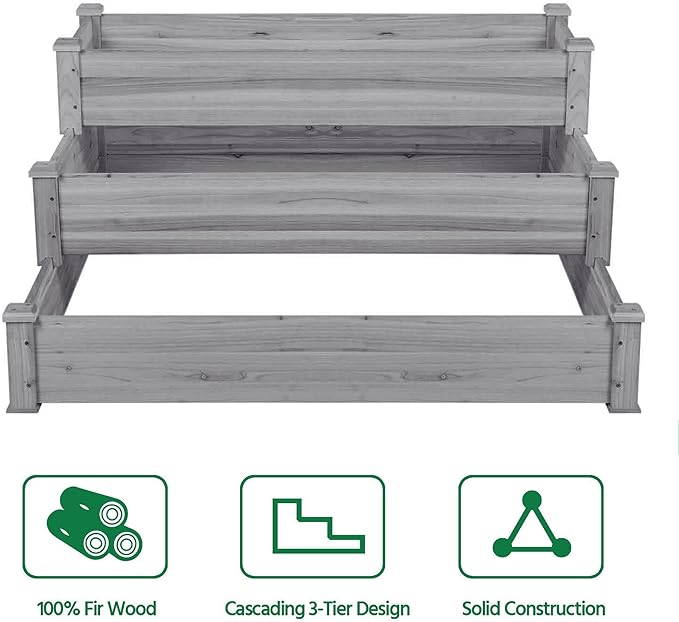 Yaheetech 3 Tier 47 x 47 x 22in Raised Garden Bed Horticulture Outdoor Elevated Flower Box Tiered Garden Bed Wooden Vegetables Growing Planter for Backyard/Patio/Gardener, Gray