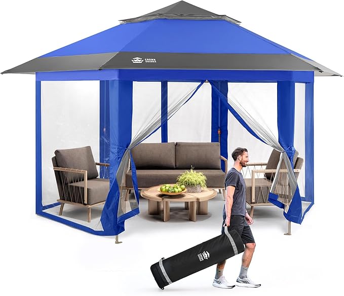 CROWN SHADES 13x13 Pop Up Gazebo with Mosquito Nettings, Patented Center Lock 6-Sided Portable Gazebo, 300D Silver-Coated Fabric UV Resistant, Pop Up Canopy Tent for Patio, Party, Blue&Light Grey