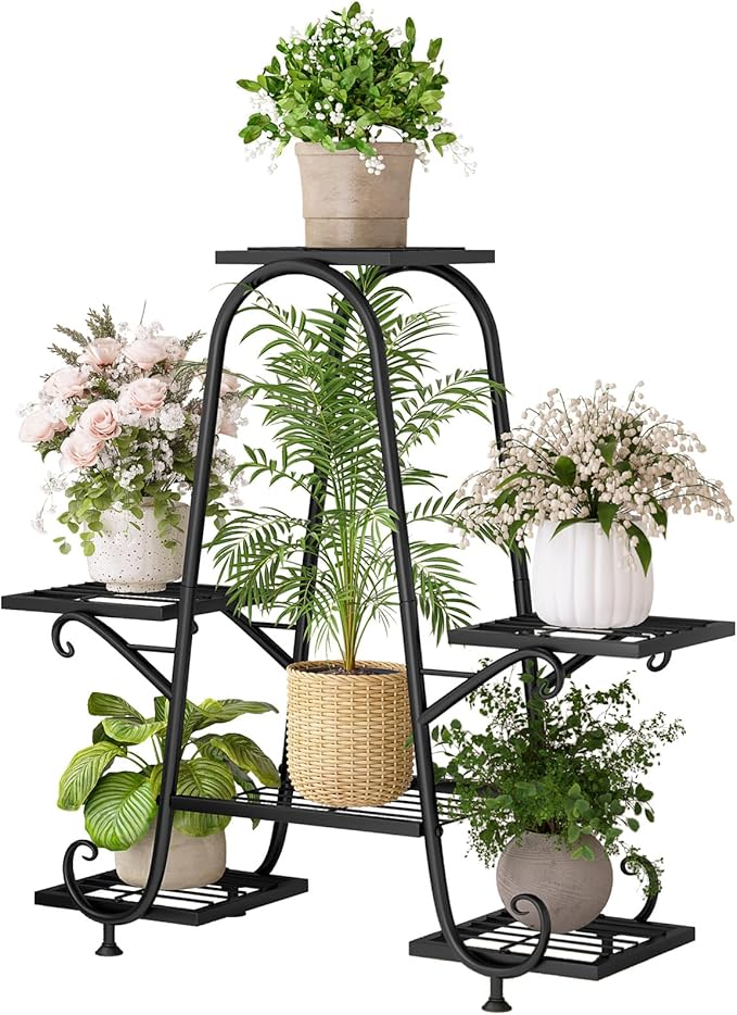 Plant Stand Indoor Outdoor Shelf Metal Holder Pot Rack Multiple Plants Stand Tall 6 Pot Flower Shelf Corner Living Room Garden,Black (Black, 6 Pots)