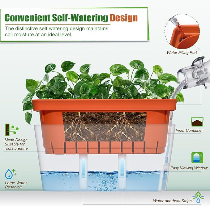 OurWarm Windowsill Herb Planter Box Indoor Set of 3, 10.5 Inch Self Watering Planter Pots with Visual Water Level Window, Modern Plastic Plant Pots for Herbs, Vegetables, Succulents Plants