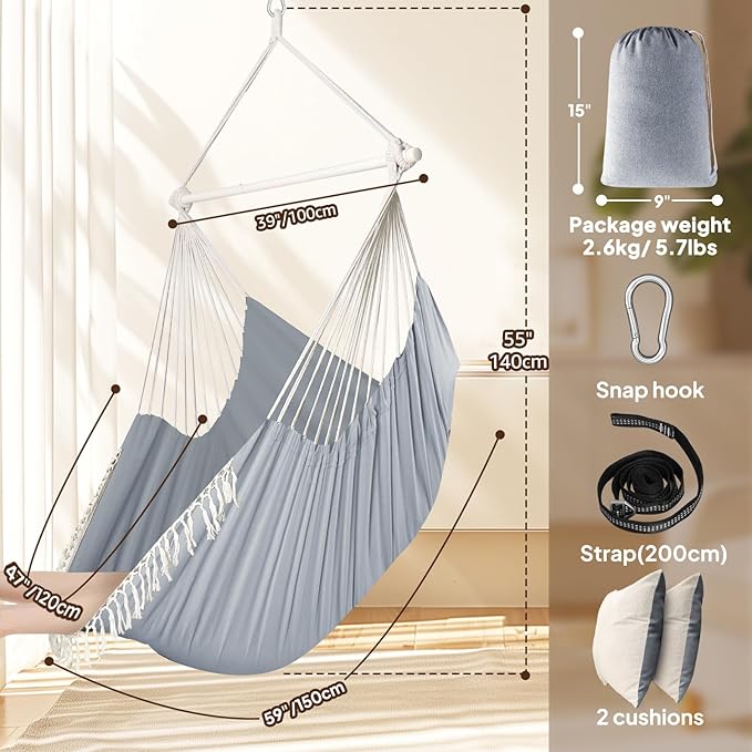 Chihee Hammock Chair 4.9ft x 3.9ft Max 500 Lbs Widen Hanging Swing 2 Cushions Included Metal Spreader Bar with Anti-Slip Grooves Portable Comfy Hanging Chair Side Pocket Bohemian Chair Indoor Outdoor