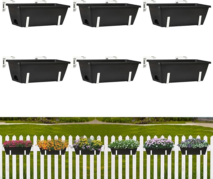 ETELI Railing Planter 6 Pack, 16.9 Inch Window Basket Deck Boxes Plastic Flower Rail Planters Holder with Adjustable Detachable Hooks for Outdoor Balcony Porch Patio, Black & White