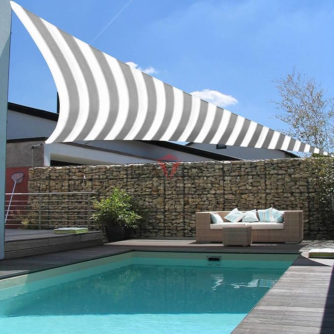 Patio Paradise 15' x 15' x 15' Sun Shade Sail Triangle Canopy Shade Cloth Fabric Sunlight Block Patio Pergola Cover HDPE Deck Awning for Outdoor Backyard Roof Shading, Gray White Strip