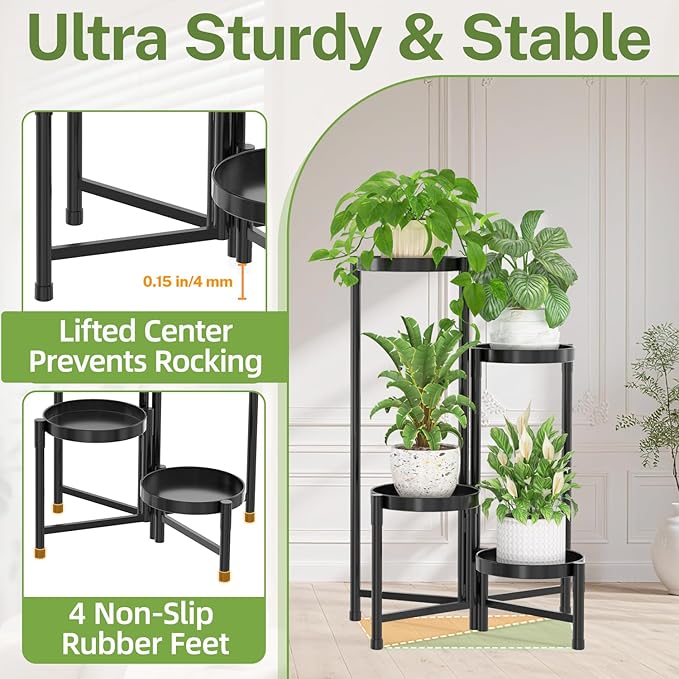 iDavosic.ly Plant Stand Indoor Outdoor, 4 Tier Corner Metal Flower Display Holder Shelf, Easy Assembly Folding Tall Orchid Rack for Patio Balcony Porch Garden Living Room House, Black