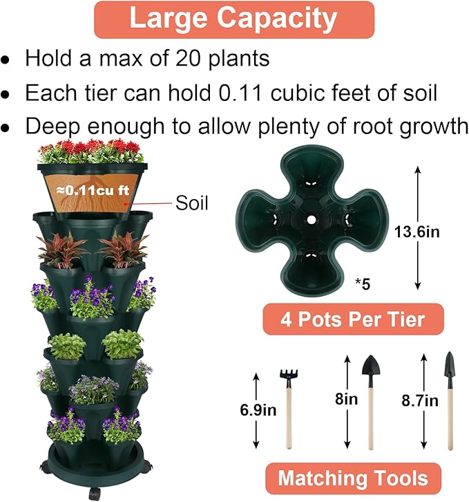 GameXcel Vertical Planter 7 Tier Stackable Planters Garden Planters Strawberry Herb Flower and Vegetable Planter Indoor Outdoor Gardening Pots with Removable Wheels and Tools - Green